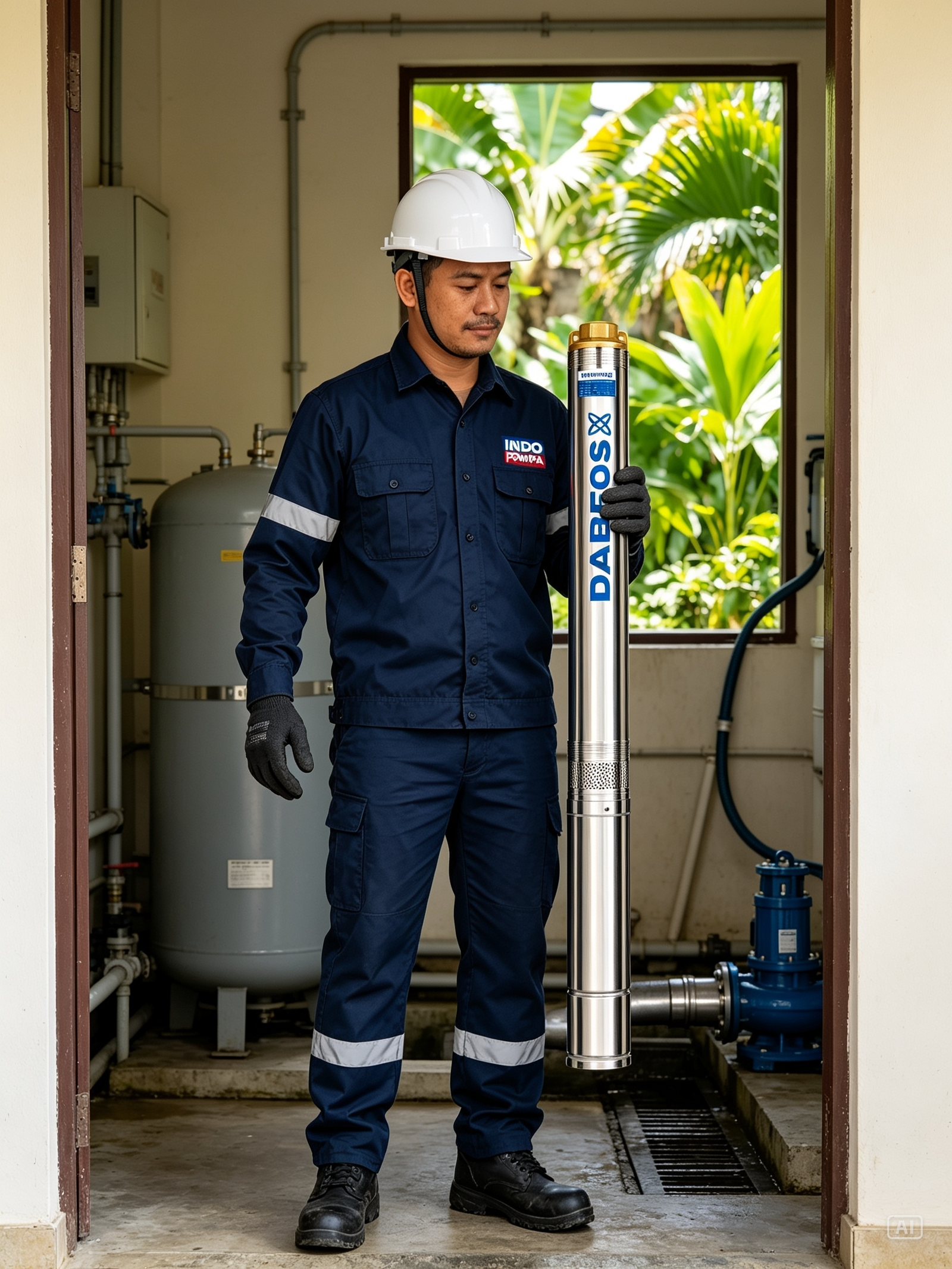 Teknisi INDO POMPA dengan pompa DABFOS di ruang utilitas